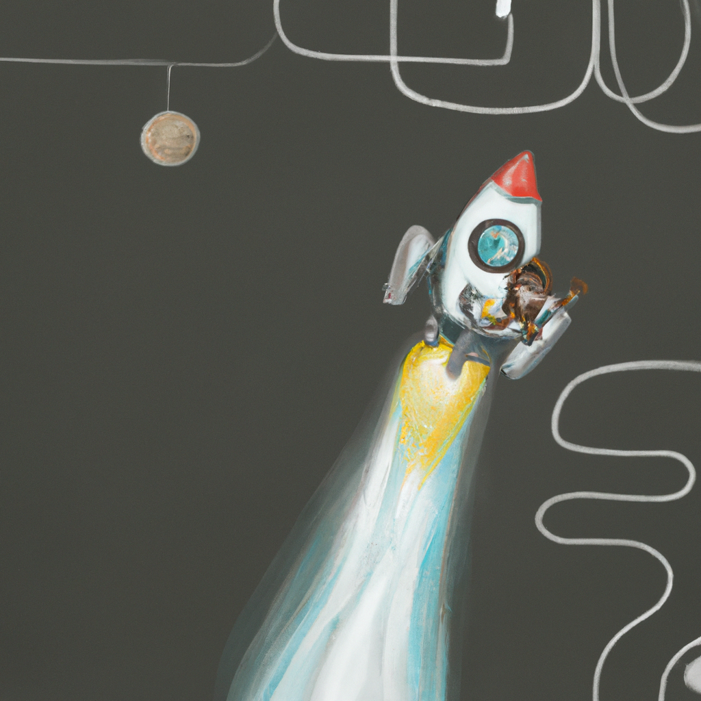 Draw how a monkey in a spacesuit is launched into space on a rocket with life support devices and sensors connected to it.